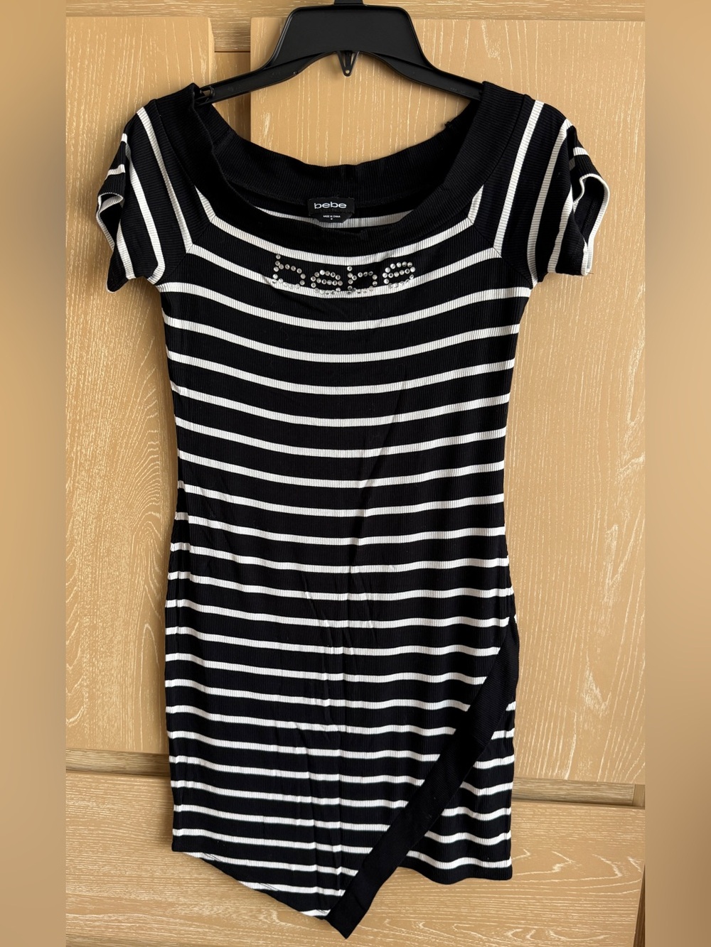 bebe Black and White Striped Mini Dress with Rhinestone Logo